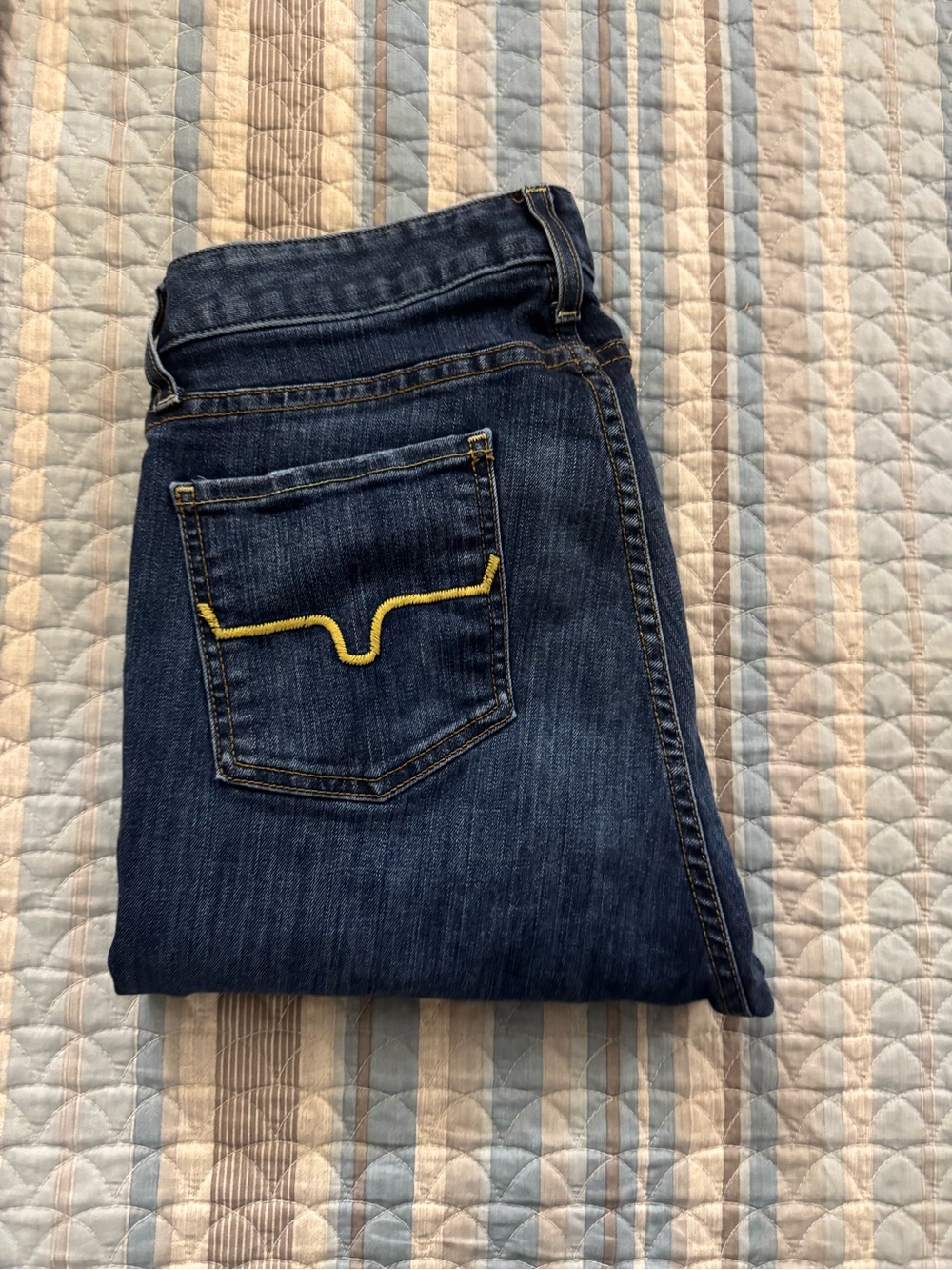 Kimes Ranch Dark Blue Boot Cut Jeans with Yellow Stitching